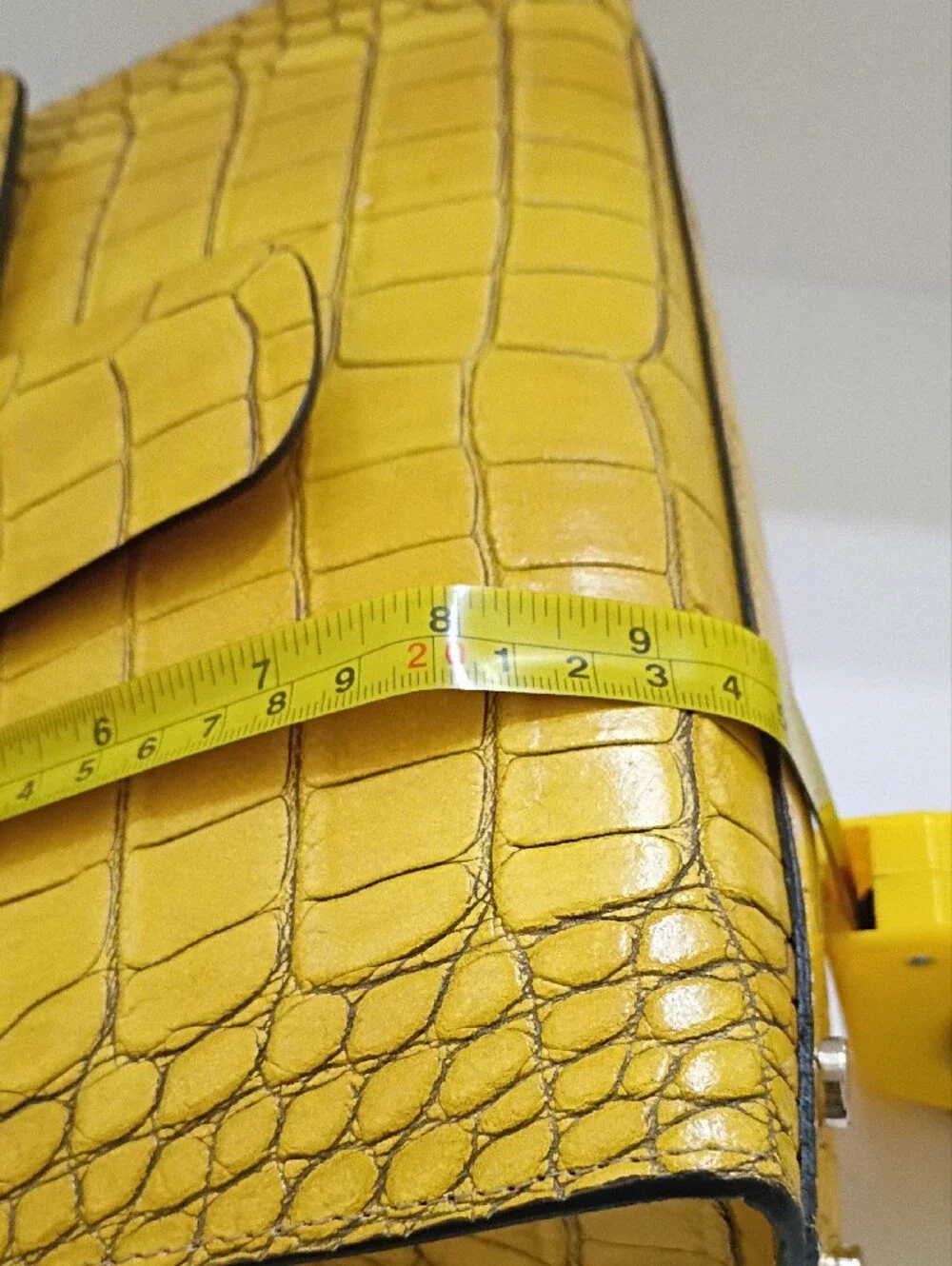 Yellow Leather Croc-Embossed Top Handle Bag with Bamboo Accent